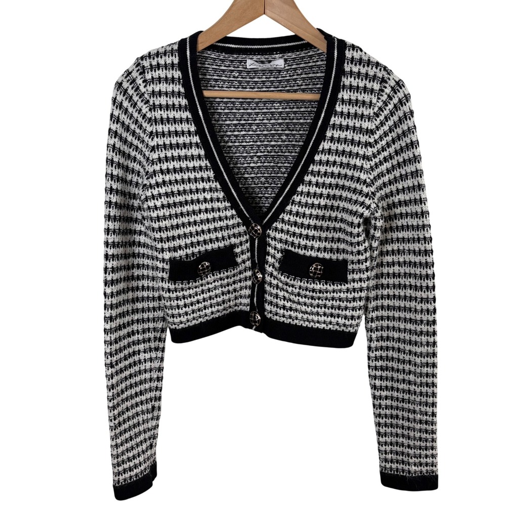 London Kaye Black White Houndstooth Cropped Cardigan‎ Women's S Y2K Festival
